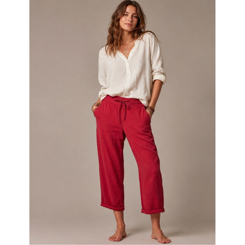 Maurices Linen Blend Pants Red Drawstring Crop Coastal Boho Beachy Bright Artsy‎